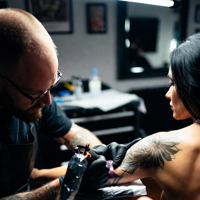 tatuador profesional aplicando protocolo de higiene y curacion mataro