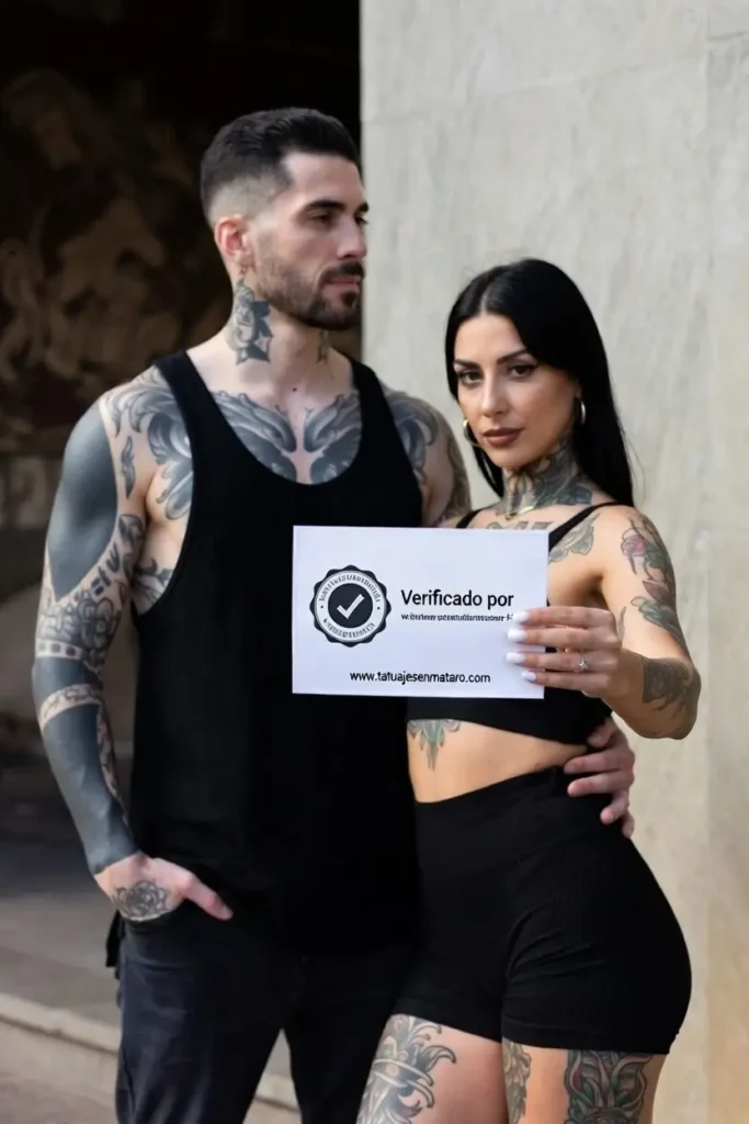 Equipo de tatuadores profesionales verificados sosteniendo un certificado de calidad artística en Mataró.