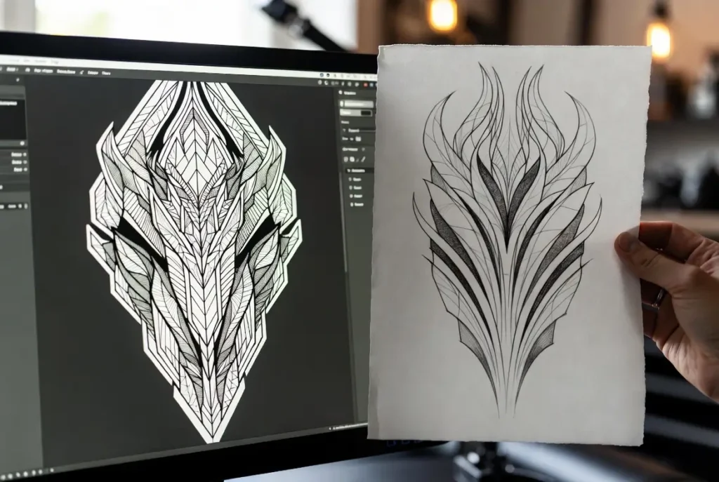Proceso de diseño de tatuaje con IA y resultado final en papel